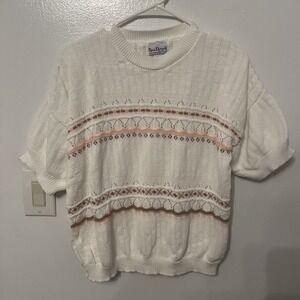Vintage Nan Dorsey Knit 100% Cotton USA Made Sweater White Pattern Women Medium